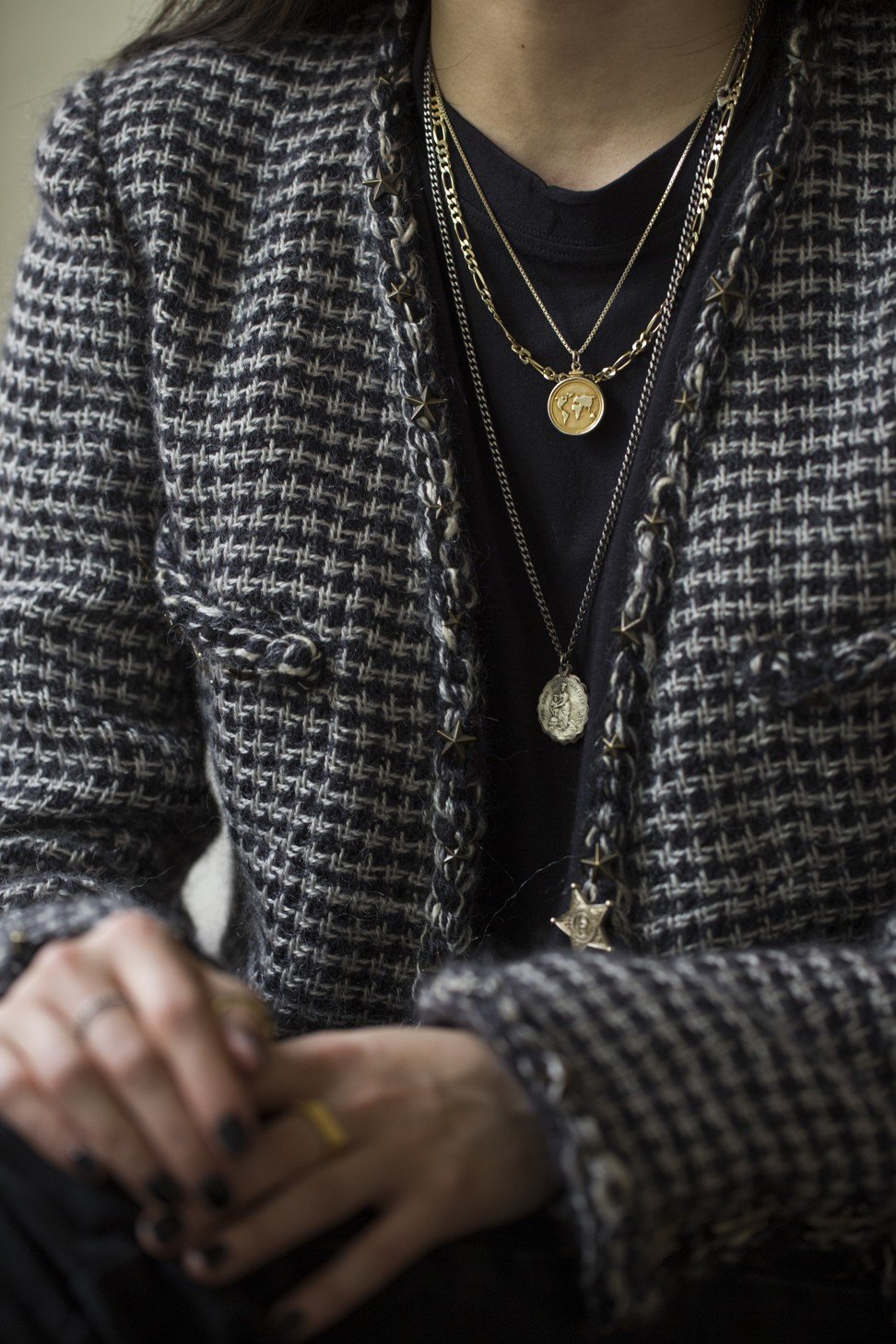 Jacket by Chanel, T-shirt by ReDone, necklaces by Cinco and Miansai. Photo: Michelle Wong