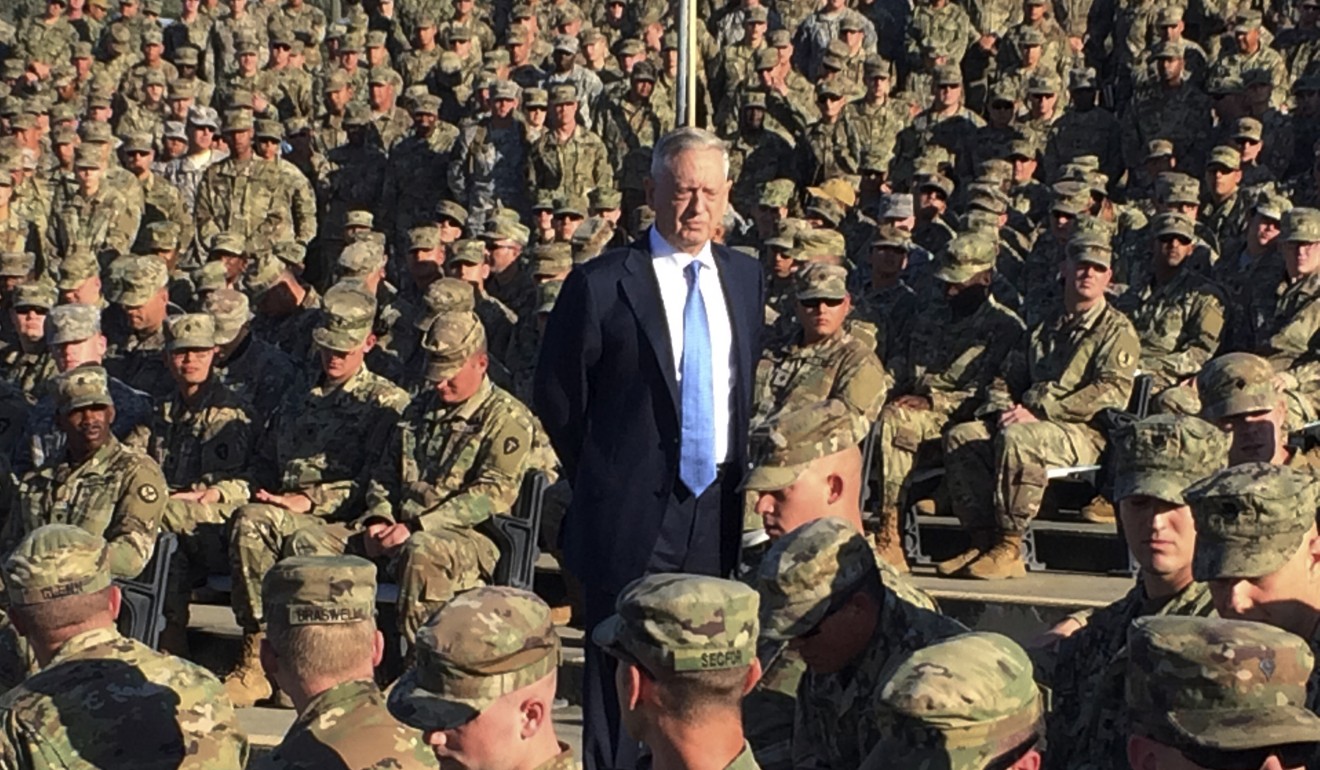 US Defence Secretary James Mattis talks to troops in Guantanamo Bay, Cuba. Mattis has called for, and received, an expanded military budget to counter the rise of China and Russia, and voiced support for “targeted tariffs” on steel and aluminium to counter trade practices that jeopardise the armed forces, but said a more general tariff or quota could antagonise US allies. Photo: AP