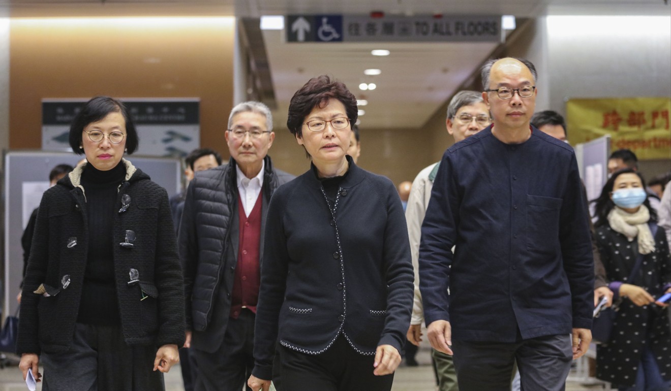 Secretary for food and health, Professor Sophia Chan Siu-chee (left); Chief Executive Carrie Lam Cheng Yuet-ngor (centre); and Secretary for Transport and Housing Frank Chan Fan (right). Photo: Felix Wong