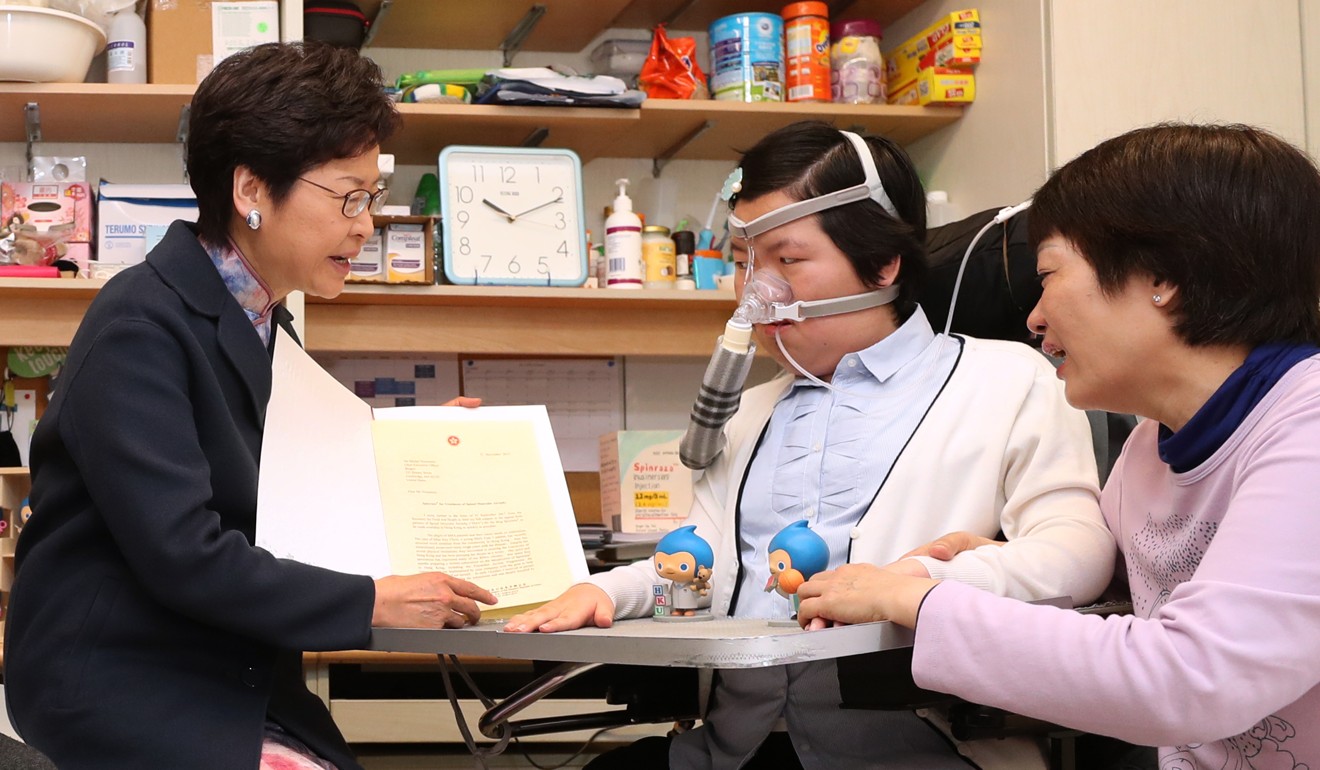 Last week Carrie Lam told Josy Chow the government would import a drug to treat her spinal muscular atrophy, and that of about 85 other patients in Hong Kong. Photo: Winson Wong
