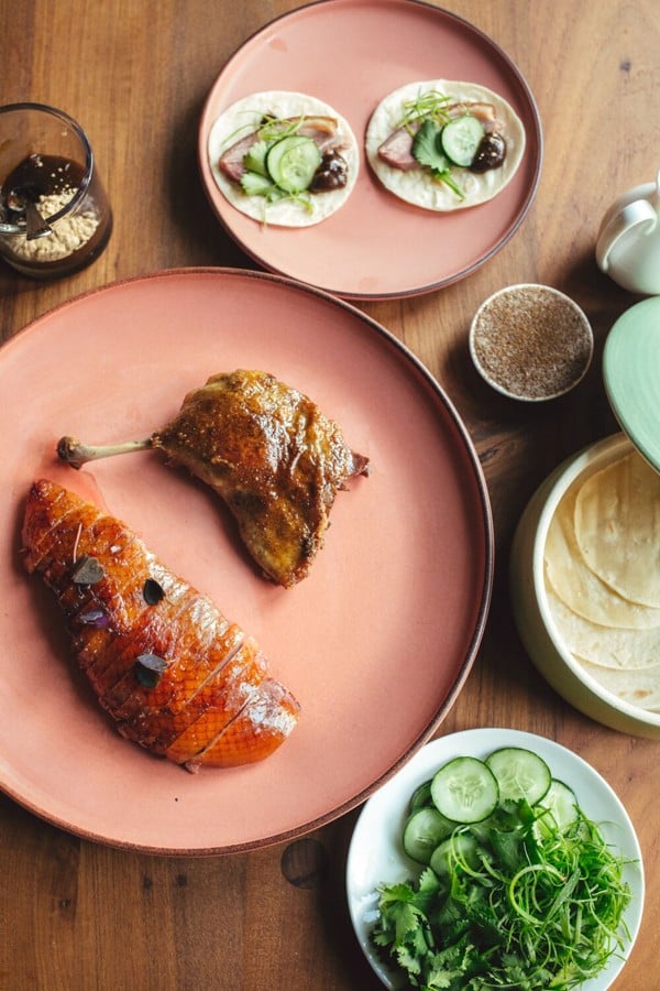 Roast duck pancakes at Mister Jiu’s served with peanut butter hoisin and cucumbers. Photo: Michael Weber