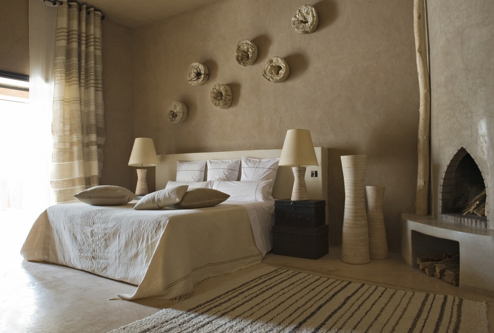 Sandy hues and silk curtains in one of the hotel’s suites.