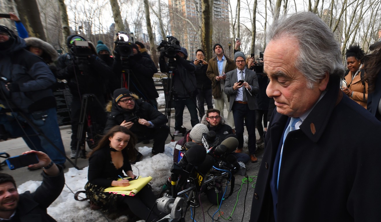 Lawyer Benjamin Brafman talks to the press after his client Martin Shkreli, once dubbed the most hated man in America, was sentenced to seven years for securities fraud. Photo: AFP