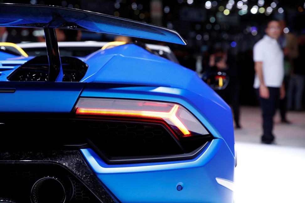 The Lamborghini Huracan Performante Spyder raises its spoiler at the 2018 Geneva motor show, where the Italian marque says road handling has eclipsed acceleration as the key parameter for vehicle performance. Photo: Reuters