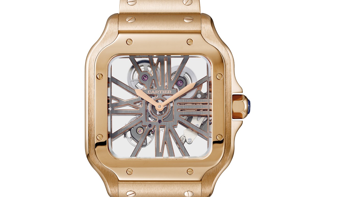Pink gold Santos de Cartier Skeleton watch