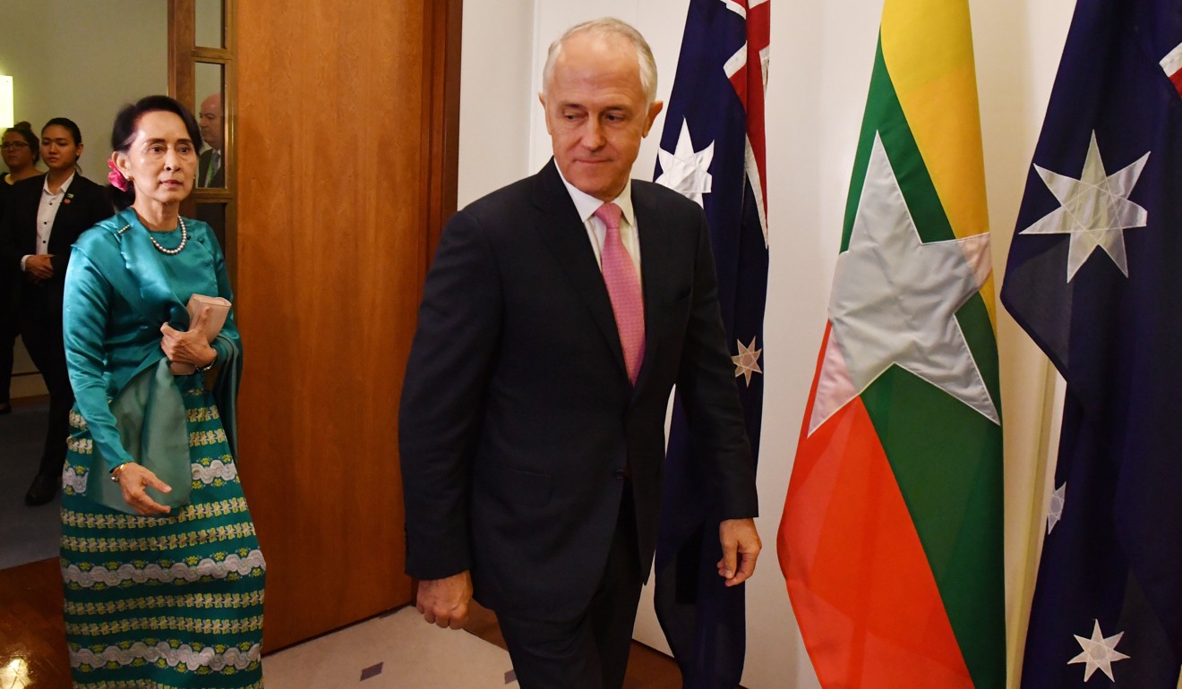 Myanmar's Aung San Suu Kyi meets with Australian Prime Minister Malcolm Turnbull at Parliament House in Canberra. Photo: EPA