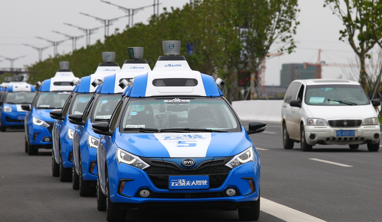 A line of Baidu driverless cars in Wuzhen. Autonomous vehicles is one of the key applications of AI technology. Photo: Simon Song