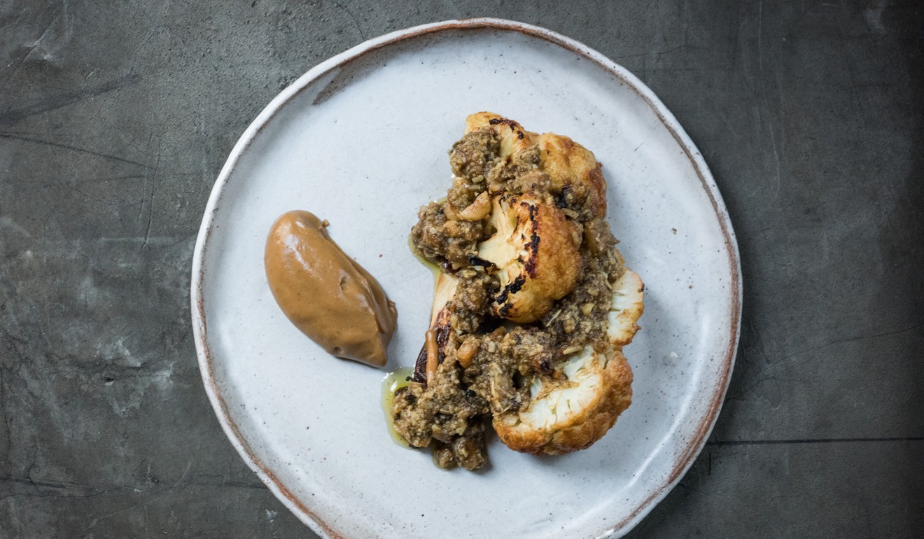 Cauliflower roasted with yeast and miso butter and walnut pesto. 