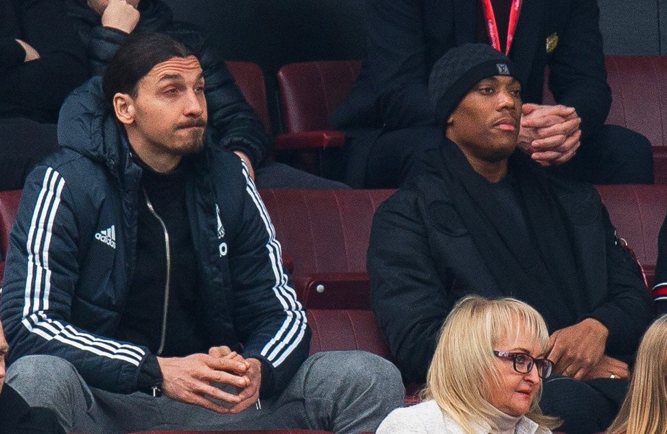 Zlatan Ibrahimovic watches on from the stands as Manchester United take on Liverpool. Photo: EPA