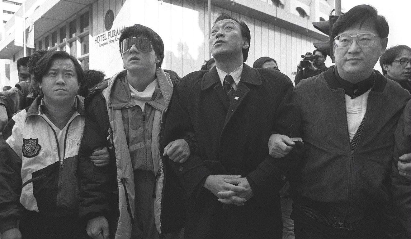 Chan (second from left) and other Hong Kong film stars join a 1996 march to protest against triad violence. From left, Eric Tsang Chi-wai, Philip Chan Yan-kin and Ng Sze-Yuen. Photo: Sam Chan