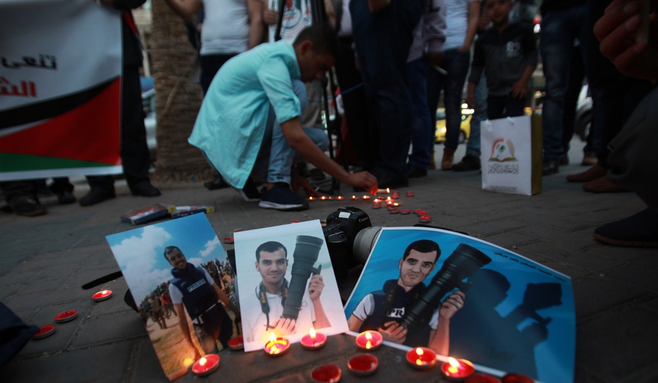 A shrine to Palestinian journalist Yasser Murtaga. Photo: Xinhua