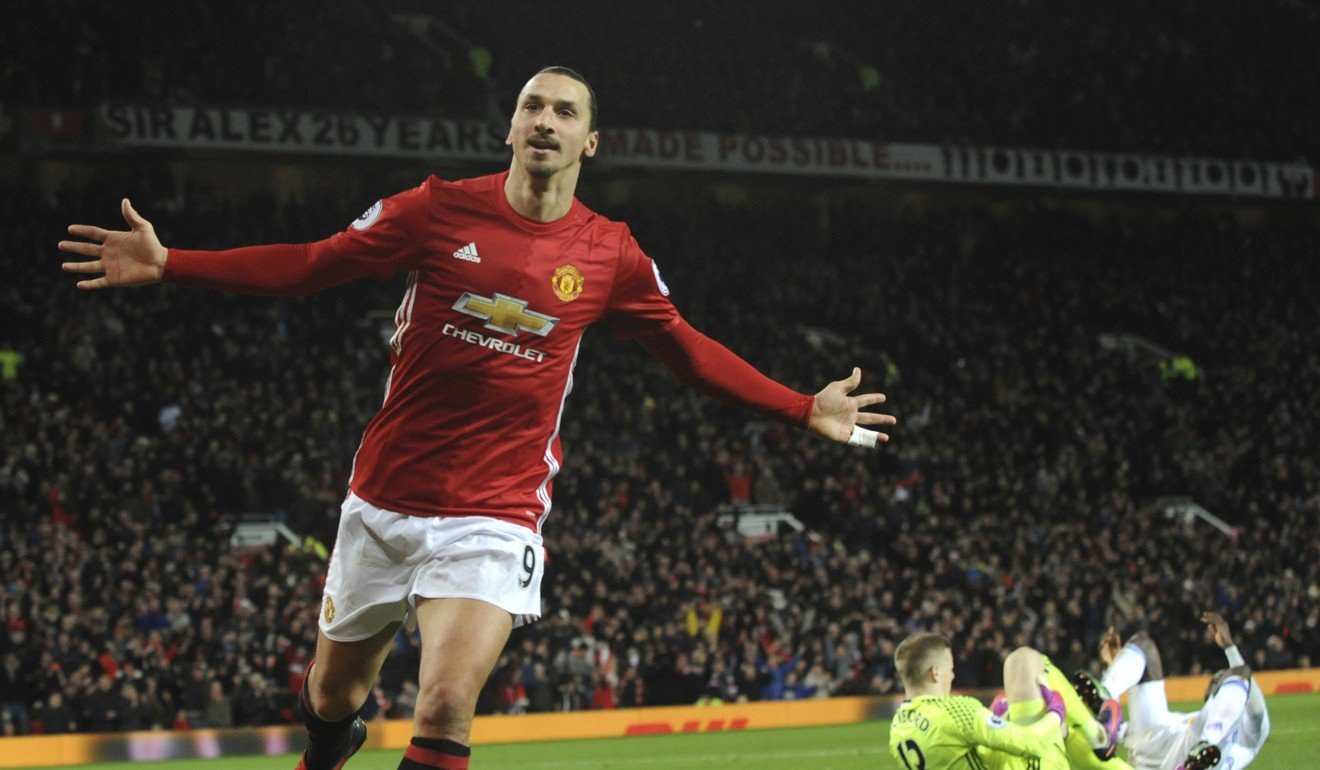 Manchester United's Zlatan Ibrahimovic celebrates after scoring in the English Premier League. Photo: AP