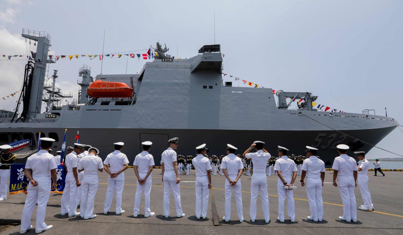 Members of the Taiwanese navy line up in front of one of the three Taiwanese Navy warships docked at the Corinto port in Nicaragua. Photo: Agence France-Presse