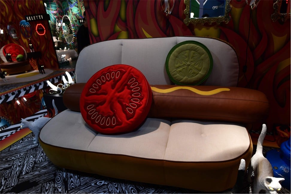 A ‘Hot Dog’ sofa designed by Studio Job for Seletti on show at the Salone del Mobile fair. Photo: AFP/Miguel Medina