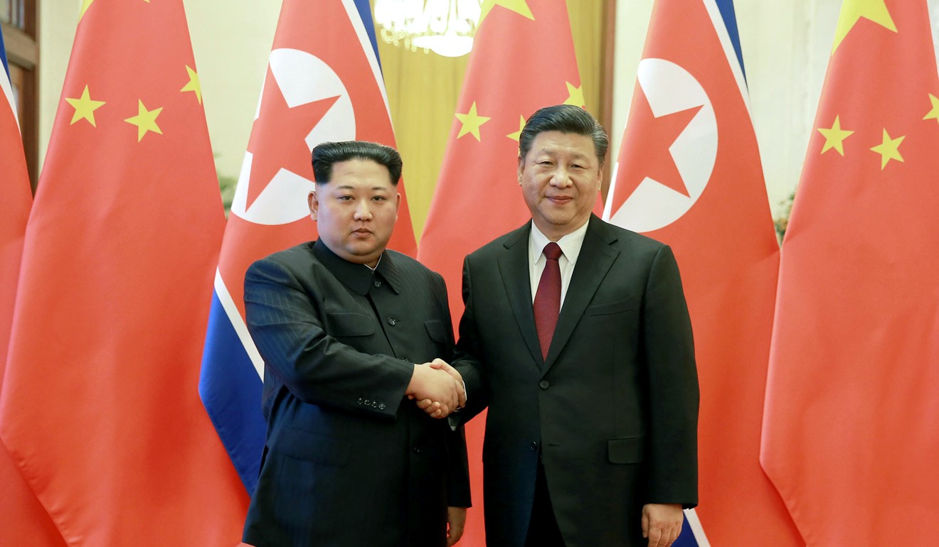 North Korean leader Kim Jong-un, left,  with Chinese President Xi Jinping at the Great Hall of the People in Beijing, one possible site for the meeting between Kim and US President Donald Trump. Photo: Korean Central News Agency/Korea News Service via AP