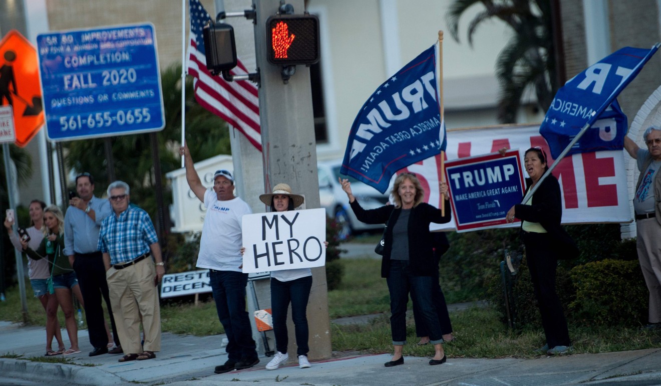 Supporters of President Donald Trump line up to welcome his motorcade as he passes by on his way to Mar-a-Lago airport in Palm Beach, Florida, last month. Trump’s supporters have cast doubt on the credibility of the Mueller investigation. Photo: AFP