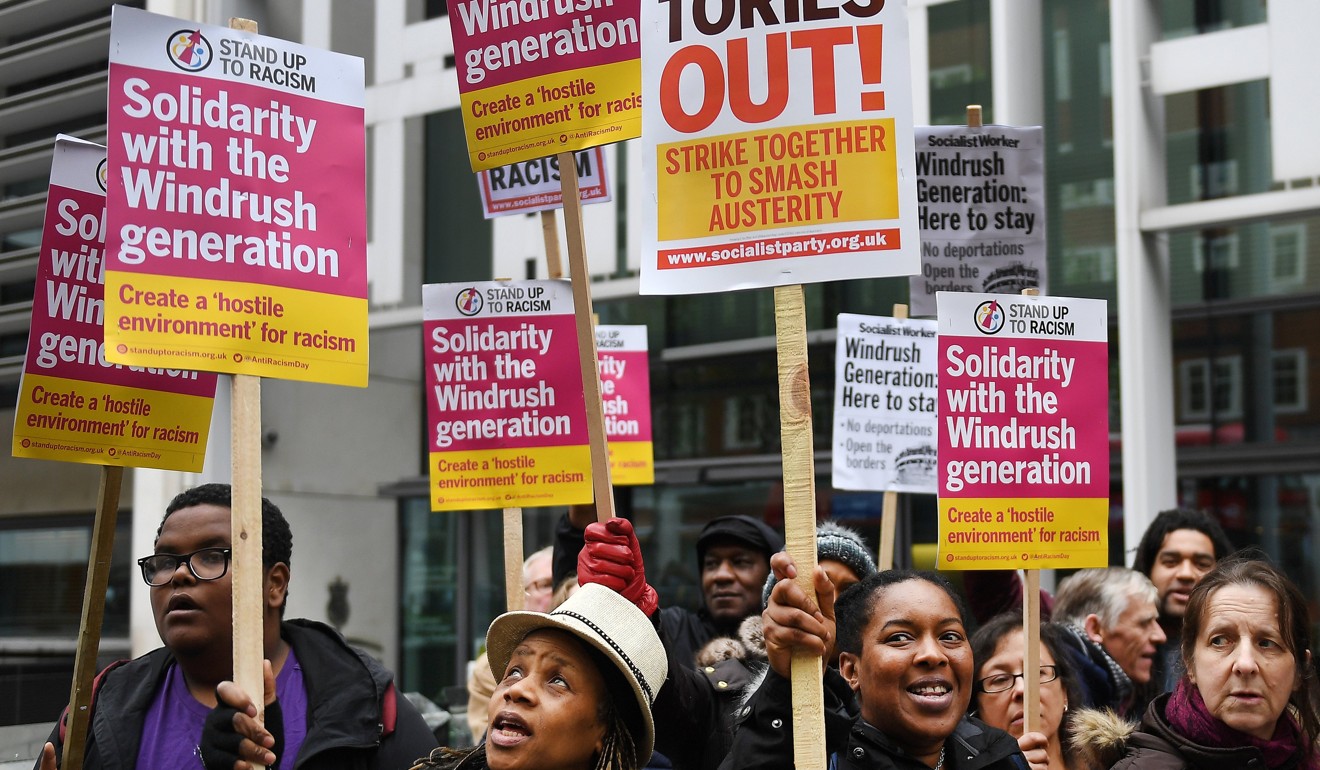 Protesters gather for a Windrush generation demonstration outside the Home Office in London on Saturday. Photo: EPA