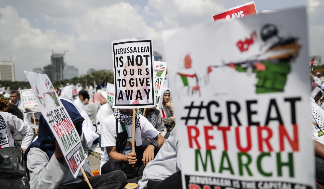 Indonesian Muslims rally in support of Palestinians in Jakarta, Indonesia, on May 11, 2018. Photo: EPA