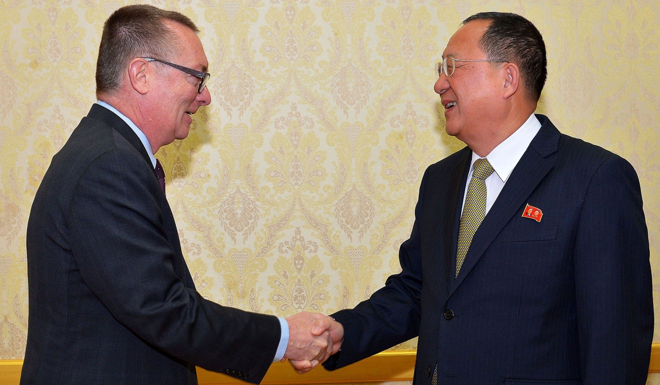 North Korea's Foreign Minister Ri Yong-ho (right) meets with Jeffrey Feltman, UN under secretary general for political affairs, in Pyongyang on December 7. Photo: KCNA via Reuters