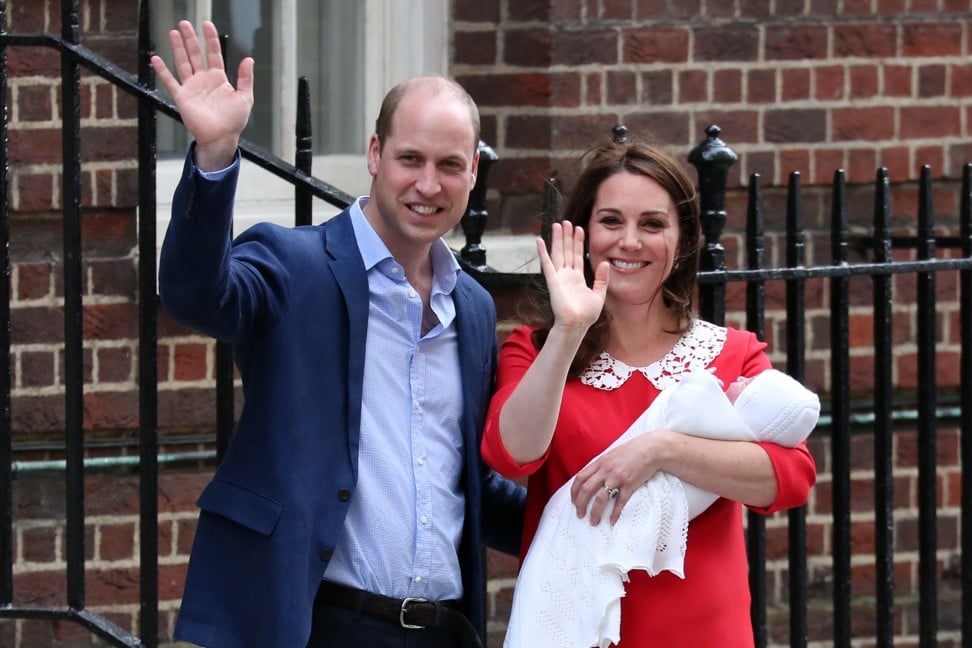 The Duke and Duchess of Cambridge show their third child, Louis Arthur Charles, to the media. Photo: AFP