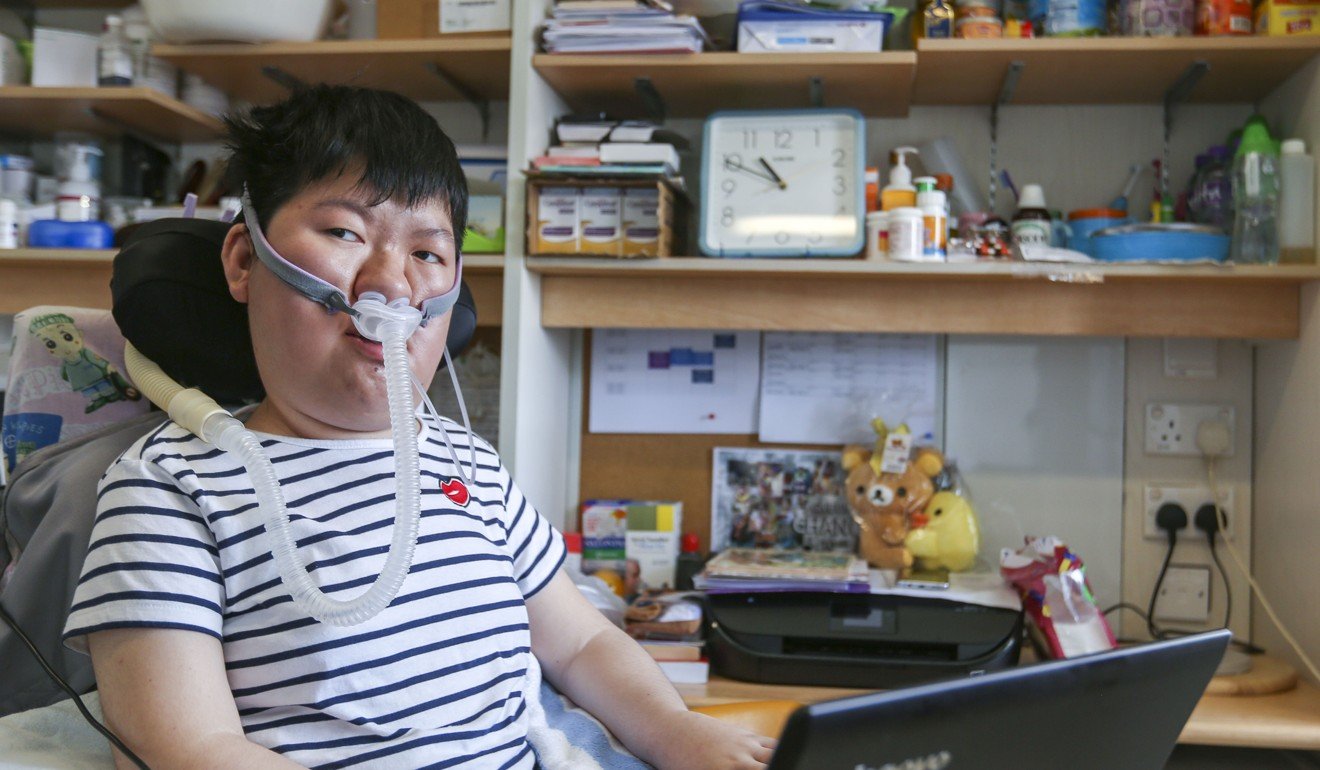 Chow hopes that a medication treating SMA patients like her will soon be available in Hong Kong. Photo: Xiaomei Chen