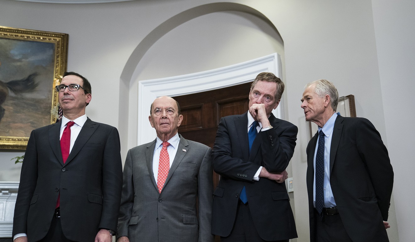 From left, members of the US delegation to the first round of trade talks in Beijing: Treasury Secretary Steven Mnuchin, Commerce Secretary Wilbur Ross, US Trade Representative Robert Lighthizer and senior White House adviser Peter Navarro. Navarro was not included in the second round of negotiations in Washington. Photo: Jabin Botsford/Washington Post