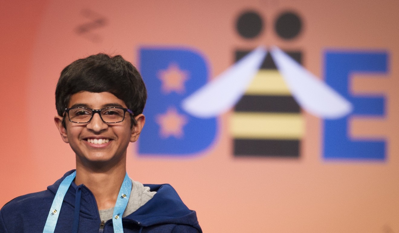 Karthik Nemmani, 14, from McKinney, Texas, smiles after winning the Scripps National Spelling Bee on Thursday. Photo: AP