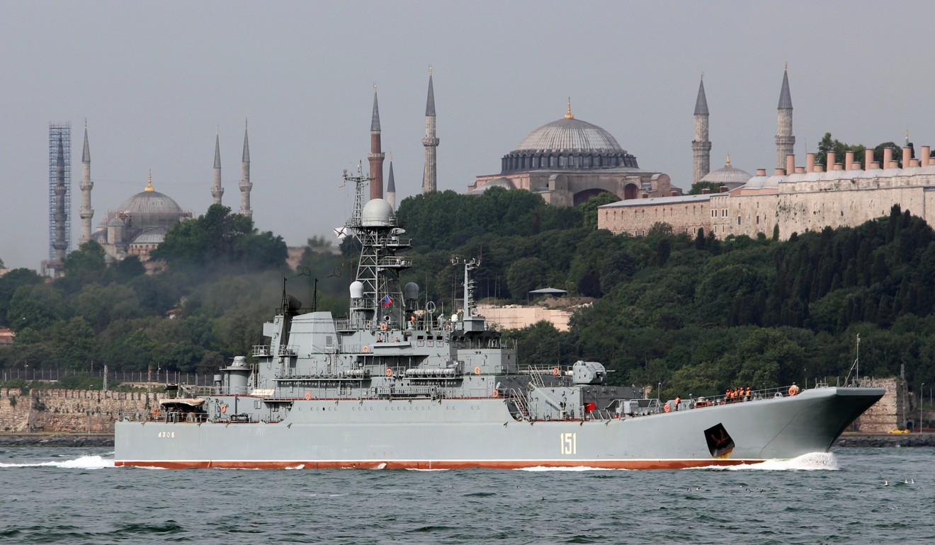 The Russian Navy's landing ship Azov sets sail in the Bosphorus, on its way to the Black Sea, in Istanbul on May 29. Russia will want to limit the amount of traffic that passes through a possible extra canal planned to ease traffic in the Bosphorus because of the strategic importance of the Black Sea. Photo: Reuters