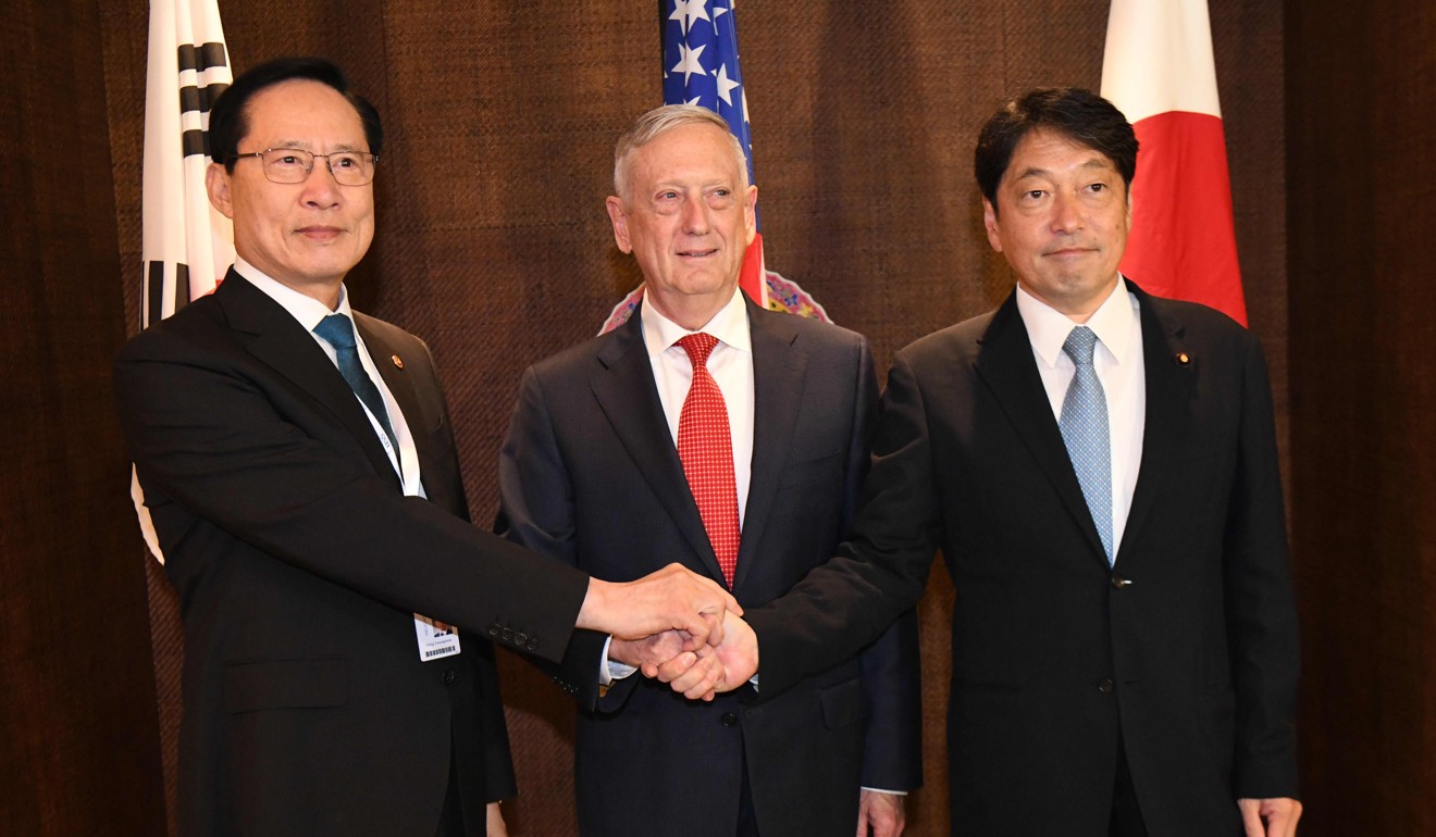 From left: South Korea’s Defence Minister Song Young-moo, US Secretary of Defence James Mattis and Japan’s Defence Minister Itsunori Onodera at the Shangri-La Dialogue in Singapore on June 3, 2018. Photo: AFP