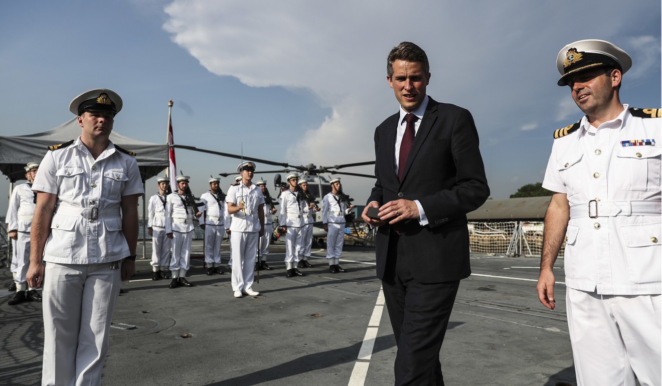 British Defence Secretary Gavin Williamson visits the Royal Navy ship HMS Sutherland, docked at Singapore’s Sembawang Wharves, on Sunday, on the sidelines of the Shangri-La Dialogue. The anti-submarine frigate is currently deployed in East Asia, alongside the amphibious assault ship HMS Albion, the fleet flagship of the Royal Navy, to ensure maritime security, protect free trade and enforce nuclear-related sanctions on North Korea. Photo: AP