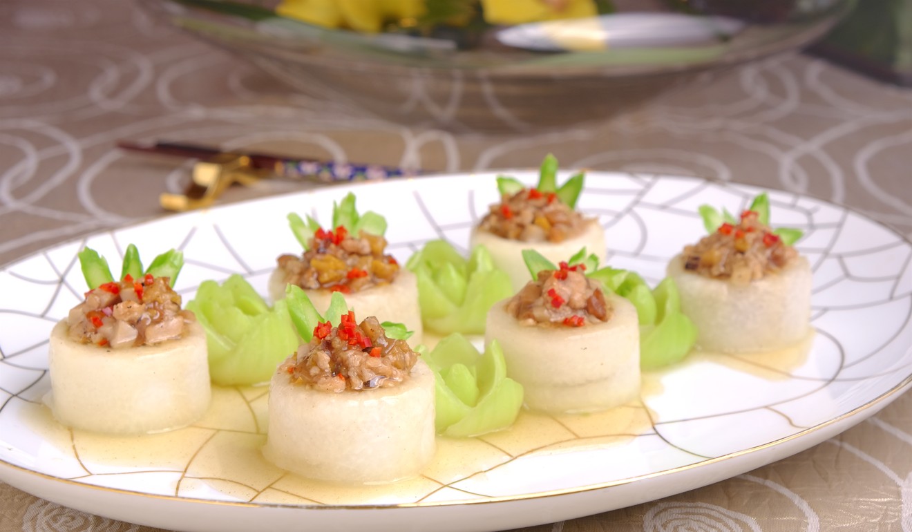 Steamed Omnipork stuffed in winter melon with assorted fungus.
