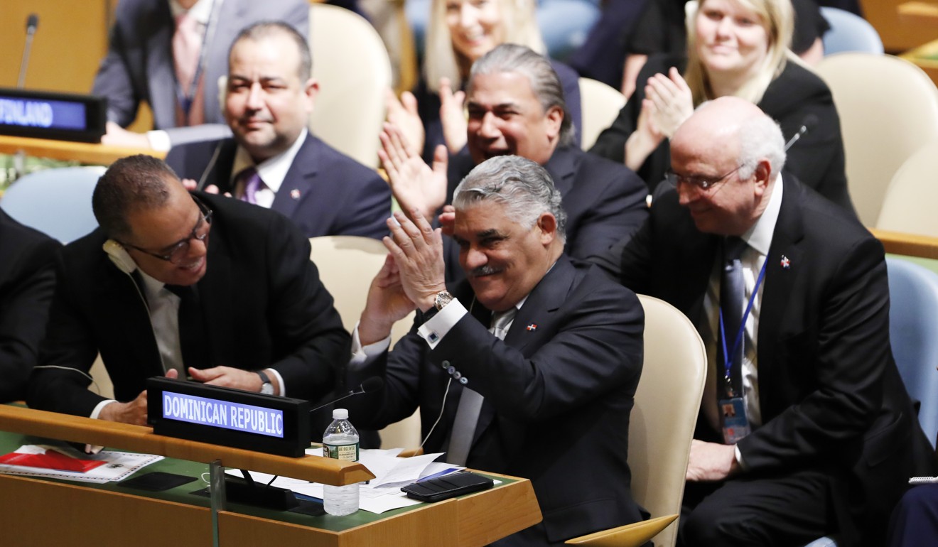 Dominican Foreign Minister Miguel Vargas reacts after Dominican was elected as non-permanent member of the United Nations Security Council in New York. Photo: Xinhua