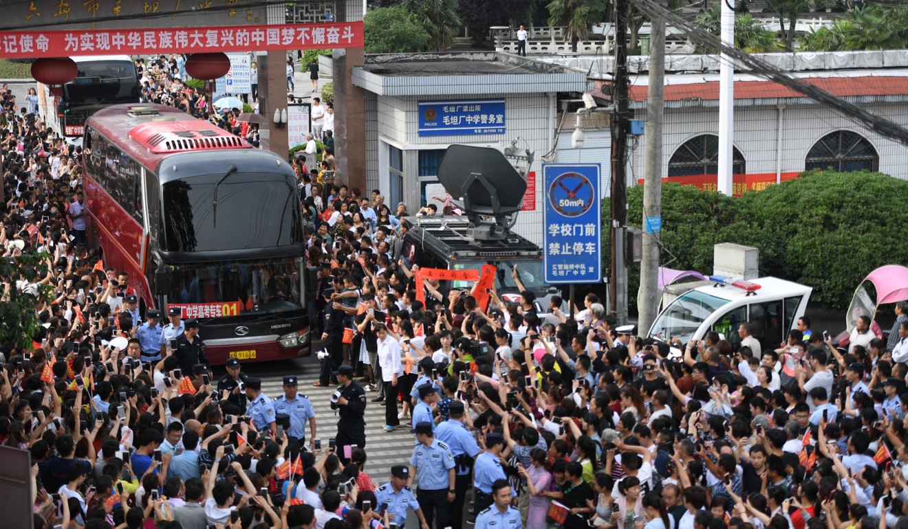 Parents see off students travelling to attend gaokao from Maotanchang Middle School in the eastern Chinese province of Anhui. The school is known for training students to obtain high scores in the annual college entrance examinations. Photo: CNS