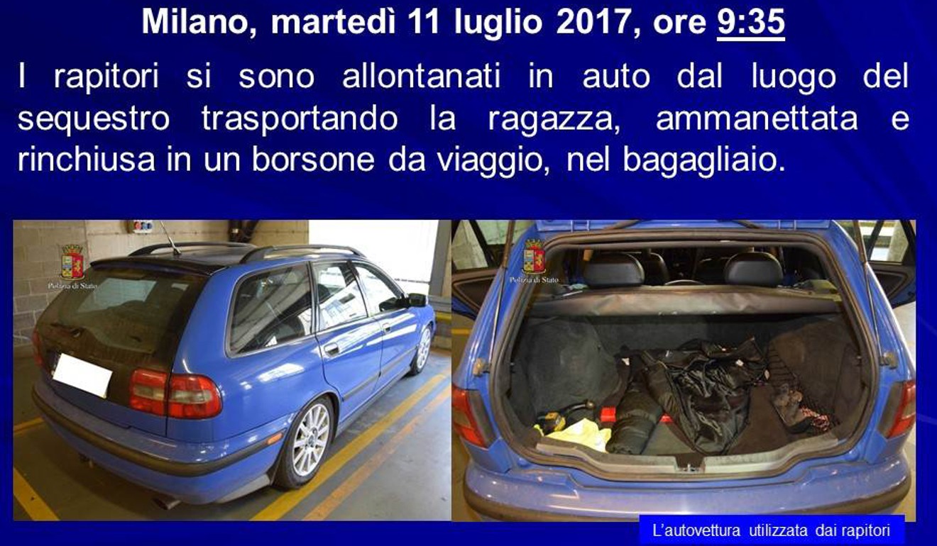 This handout document released by the Italian police (Polizia di Stato) on August 5, 2017, shows the car used to kidnap Ayling. Photo: Polizia di Stato via AFP