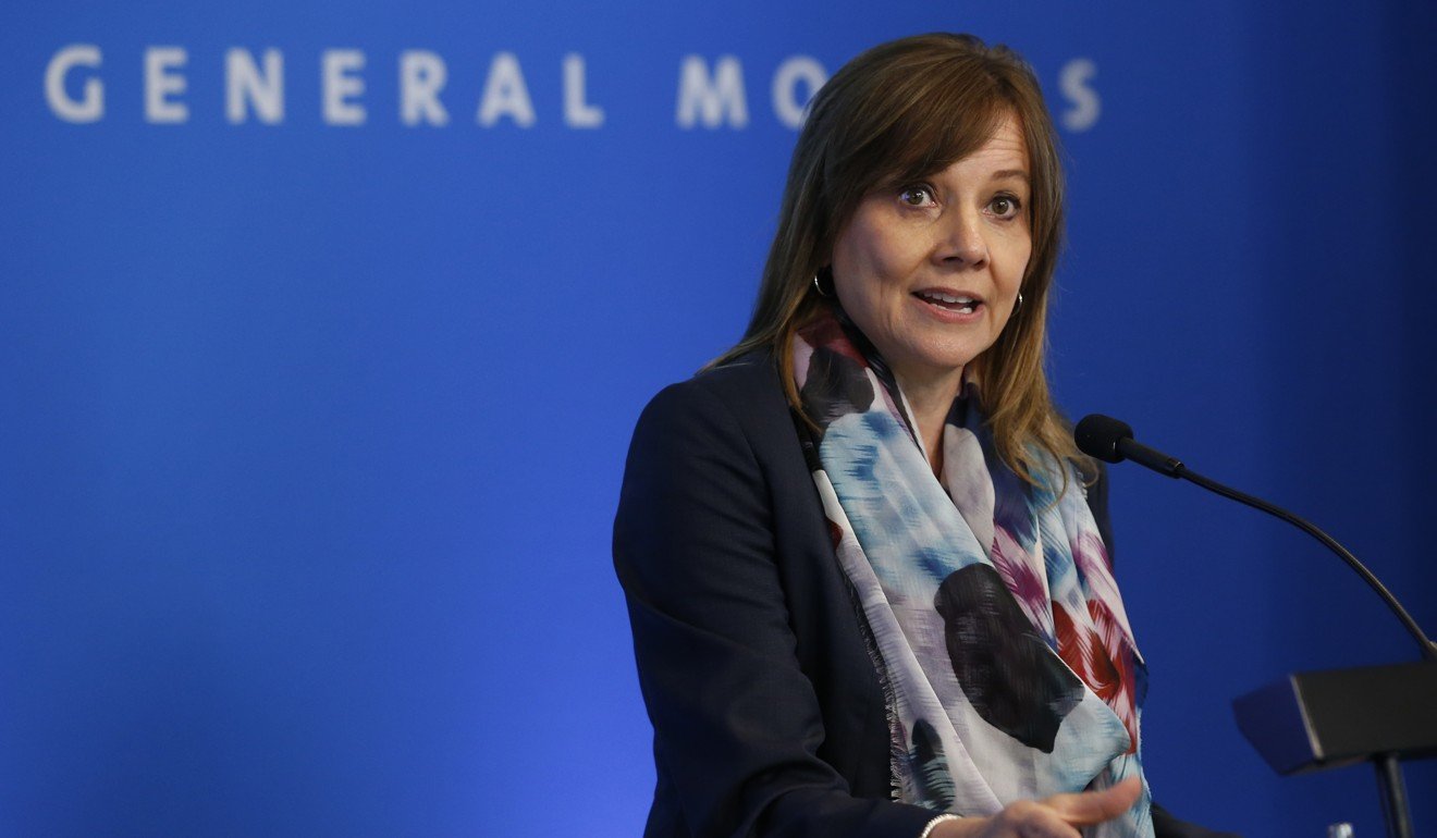 General Motors CEO Mary Barra speaks during a press conference before the company’s annual shareholders meeting on Tuesday in Detroit, Michigan. Photo: Jeff Kowalsky/Bloomberg