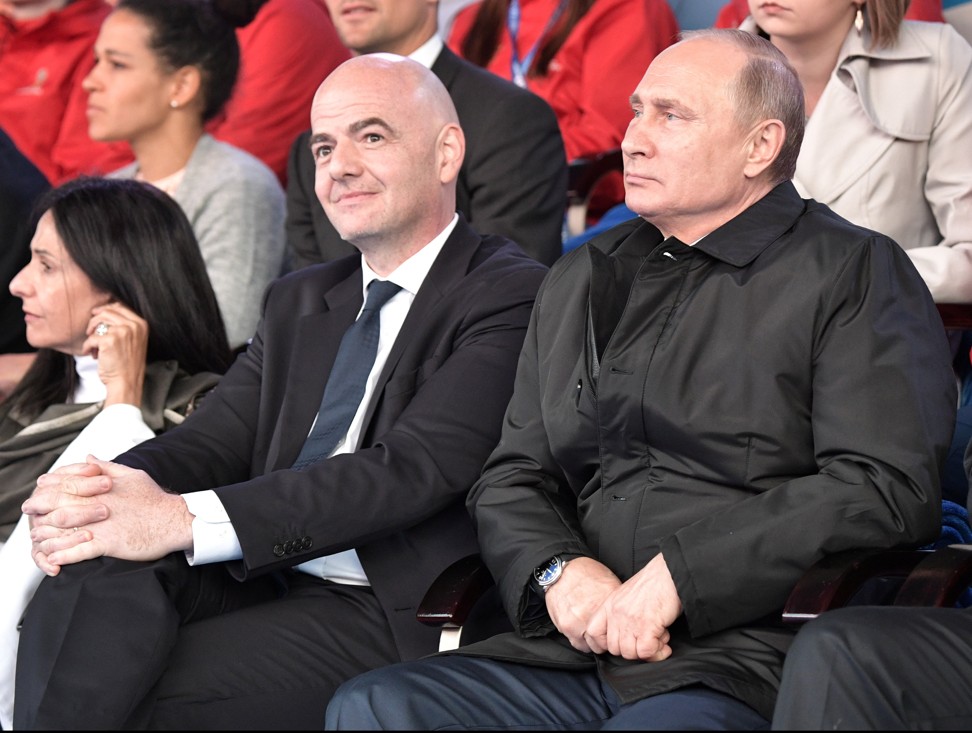 Fifa President Gianni Infantino and Russia’s President Vladimir Putin attend a gala concert dedicated to the upcoming Fifa World Cup, in Moscow on Wednesday. Photo: Sputnik/Kremlin via Reuters