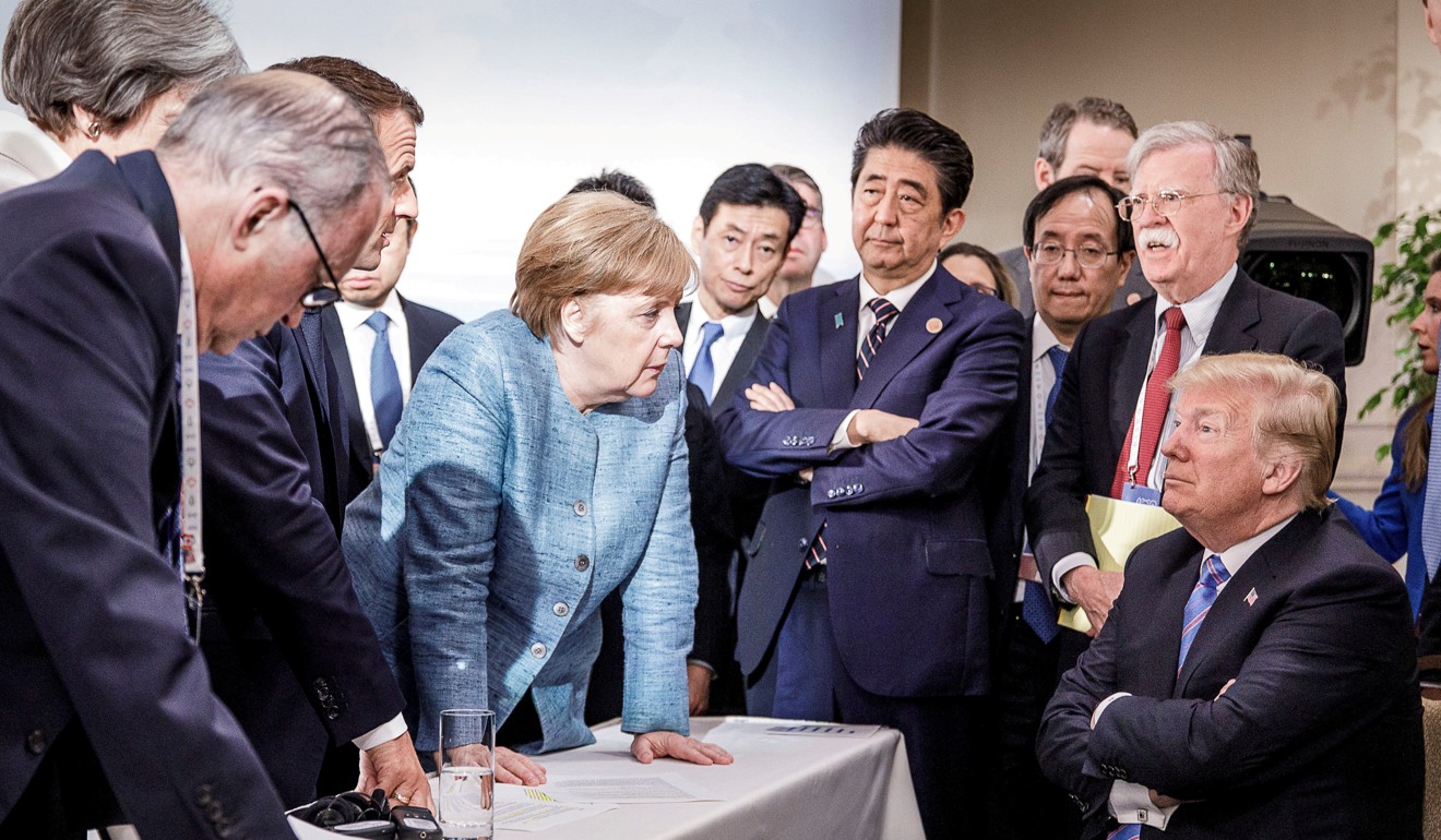 An iconic photo of German Chancellor Angela Merkel seemingly confronting US President Donald Trump as other dignitaries look on has come to symbolise the contentious G7 in Quebec and America’s difficult relationship with first-world allies. Photo: Reuters