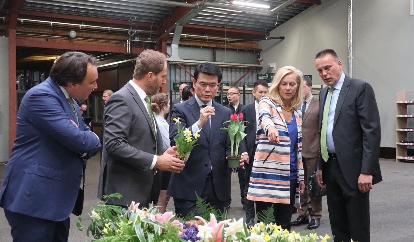Commerce chief Edward Yau (centre) discusses plans for the garden during his visit to the Netherlands. Photo: Handout