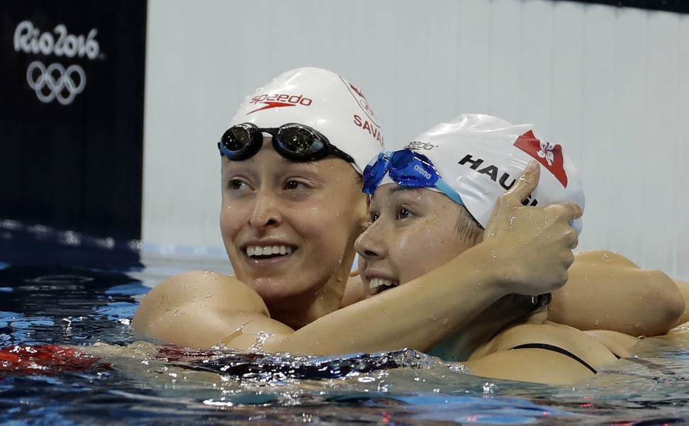 Haughey wins a heat of the women's 200m freestyle ahead of Canada’s Katerine Savard (left) at the 2016 Summer Olympics in Rio de Janeiro, Brazil. Photo: AP
