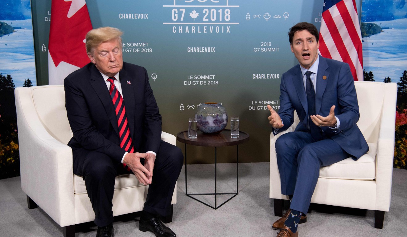 US President Donald Trump and Canadian Prime Minister Justin Trudeau hold a meeting on June 8 during the G7 Summit in Quebec. Trump’s imposition of tariffs on steel and aluminium imports has resulted in responses from US trading partners. Photo: AFP