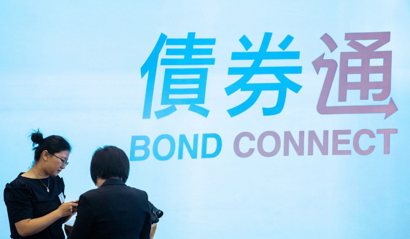 Signage for the China-Hong Kong Bond Connect at the Hong Kong stock exchange in Hong Kong. The initiative is coming up for its first anniversary on July 3, and has been attracting increased interest in Chinese bonds from around the world. Photo: Bloomberg