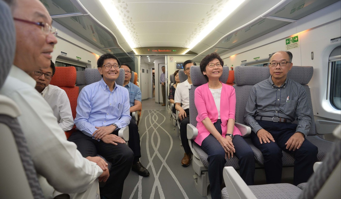 Carrie Lam checks out a train carriage for the express rail link. Photo: Handout