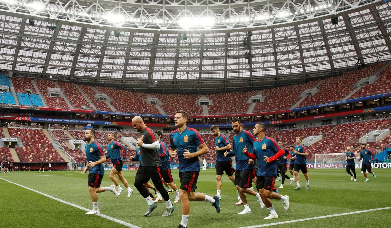 Spain players training ahead of their last-16 tie. Photo: Reuters