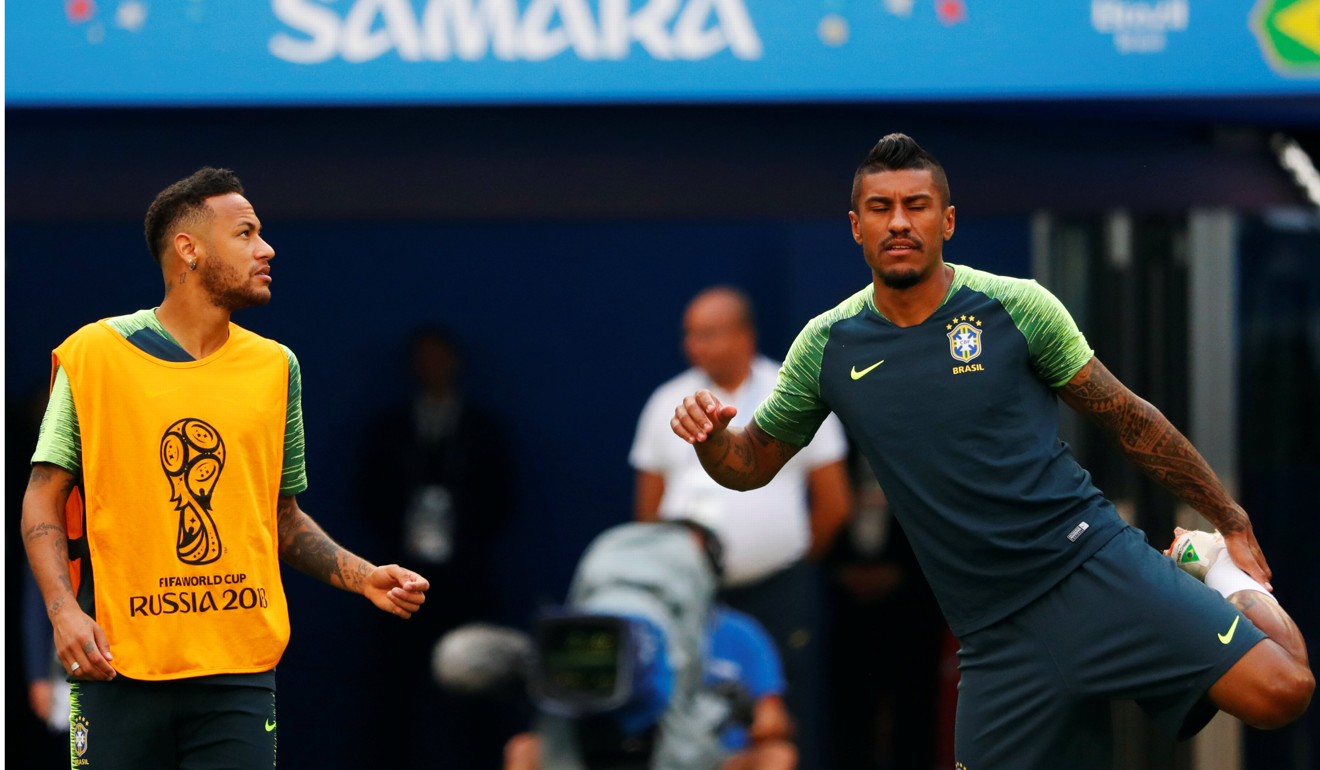 Brazil's Neymar and Paulinho during training. Photo: Reuters