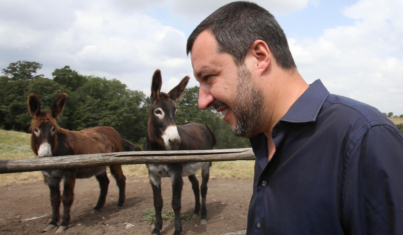 Salvini visits donkeys at the farm confiscated from a mobster that has been turned into a resort. Photo: ANSA via AP