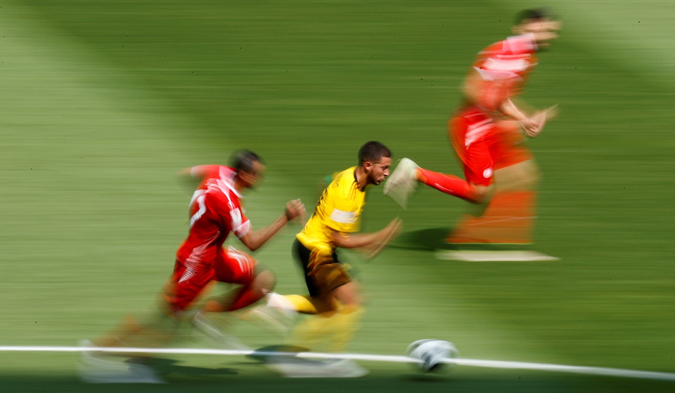 Eden Hazard bursts past Tunisia’s Ellyes Skhiri in the group stage. Photo: Reuters
