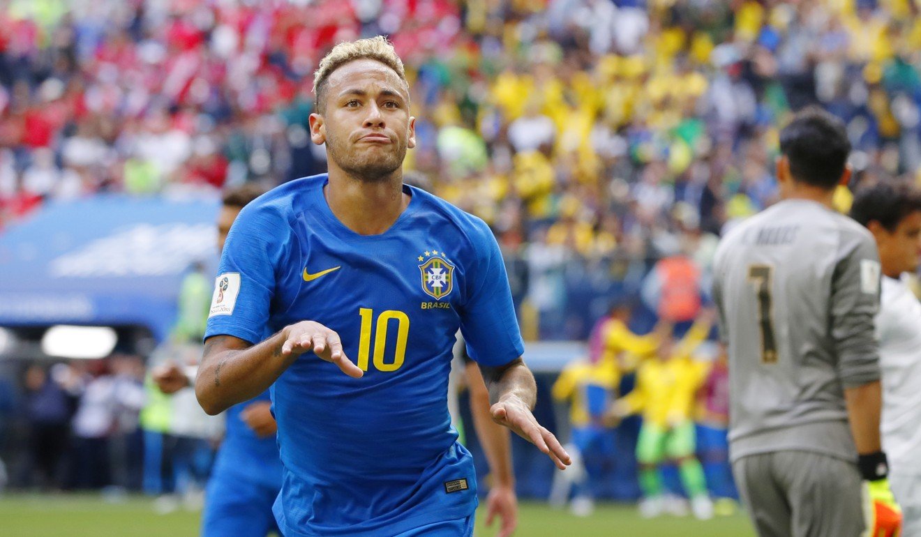 Brazil’s Neymar celebrates after scoring against Costa Rica. Photo: Kyodo