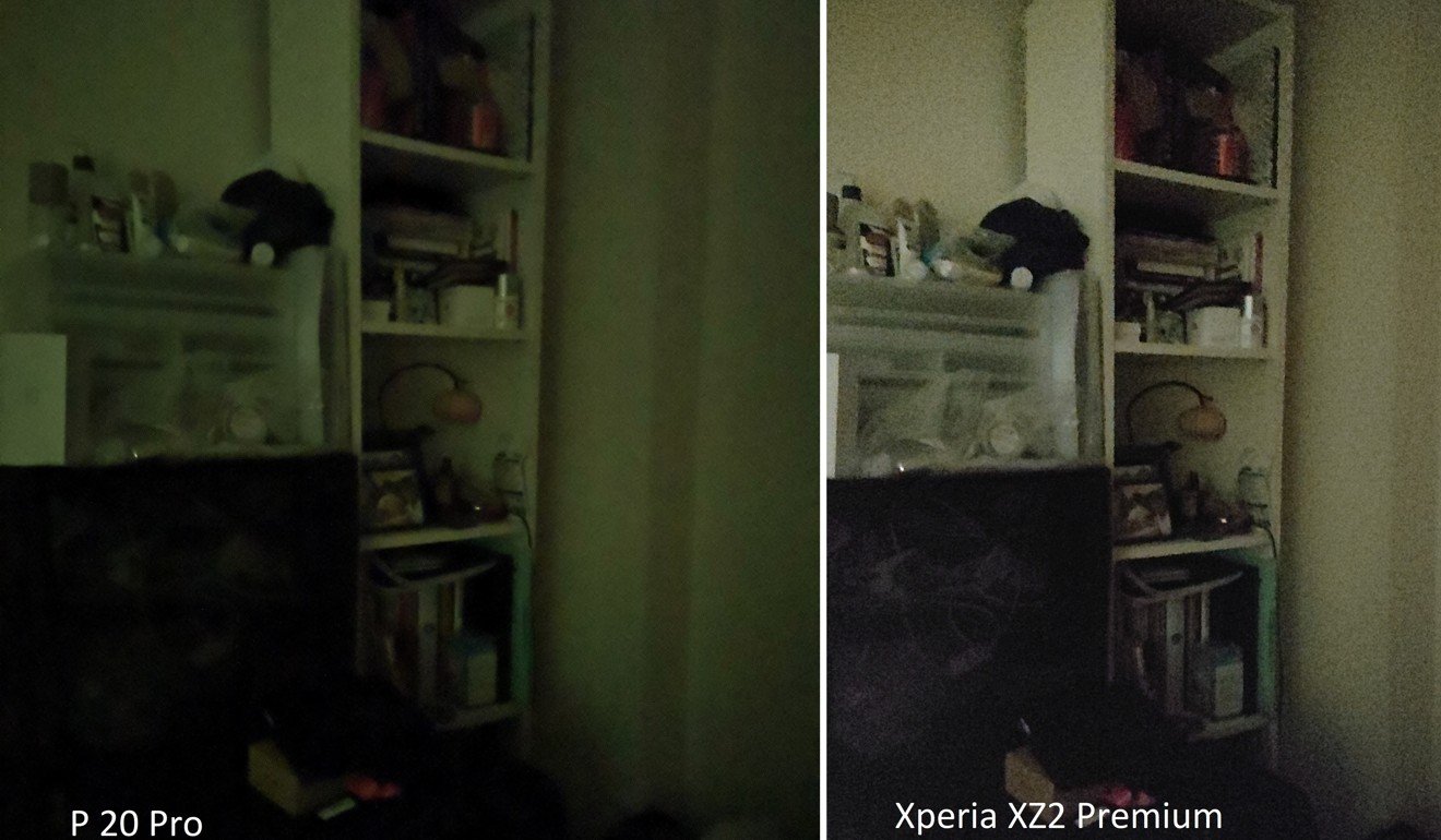 Only in a pitch black setting does the Xperia XZ2 Premium (right) pull in more light than the Huawei P20 Pro (left). Photo: Ben Sin