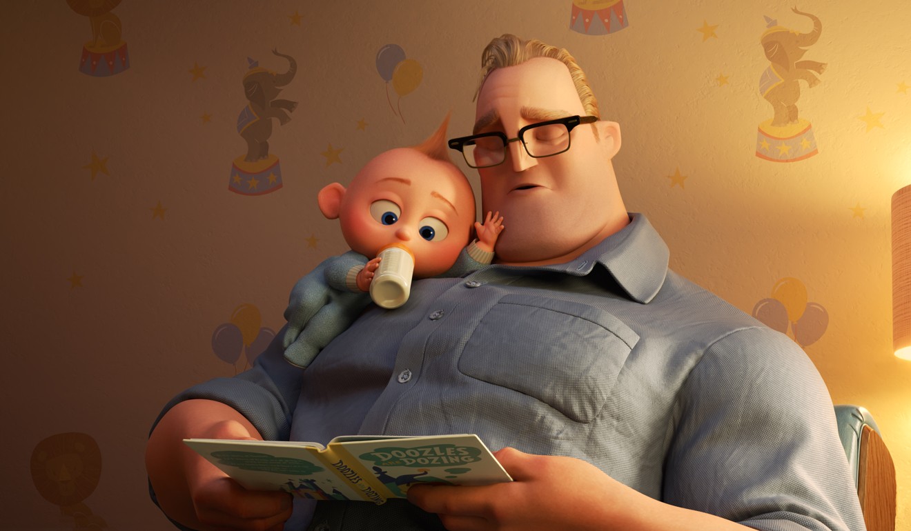 Bob/Mr Incredible (voiced by Craig T. Nelson) and baby Jack-Jack in Incredibles 2.