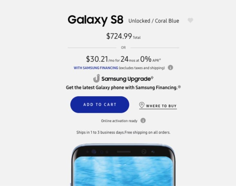 New display technologies tend to make smartphones expensive, with Samsung’s curved-display Galaxy S8 rising steadily in price. Photo: Samsung